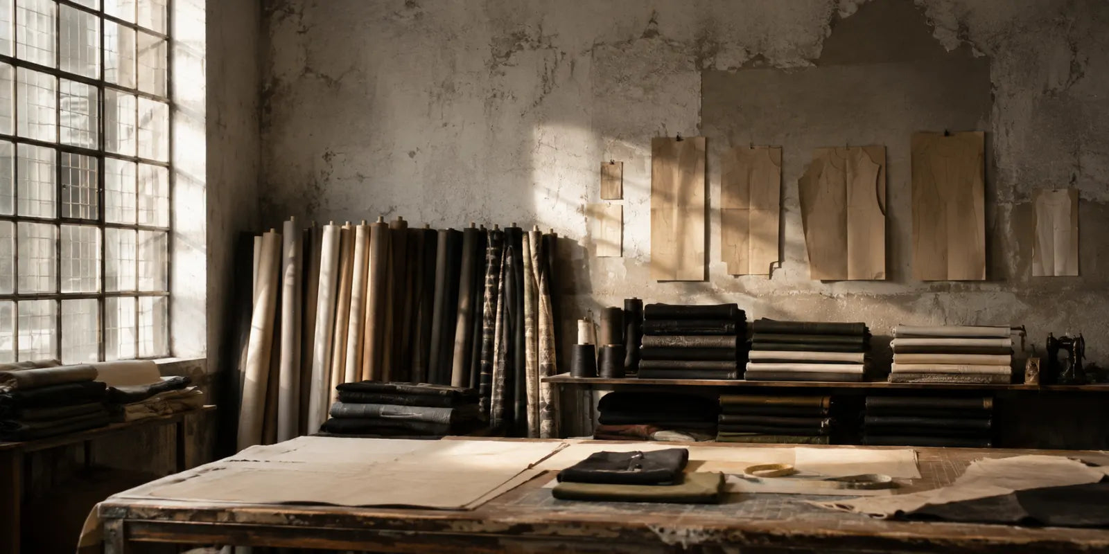 Inside the studio - rails, cutting table and plaster walls