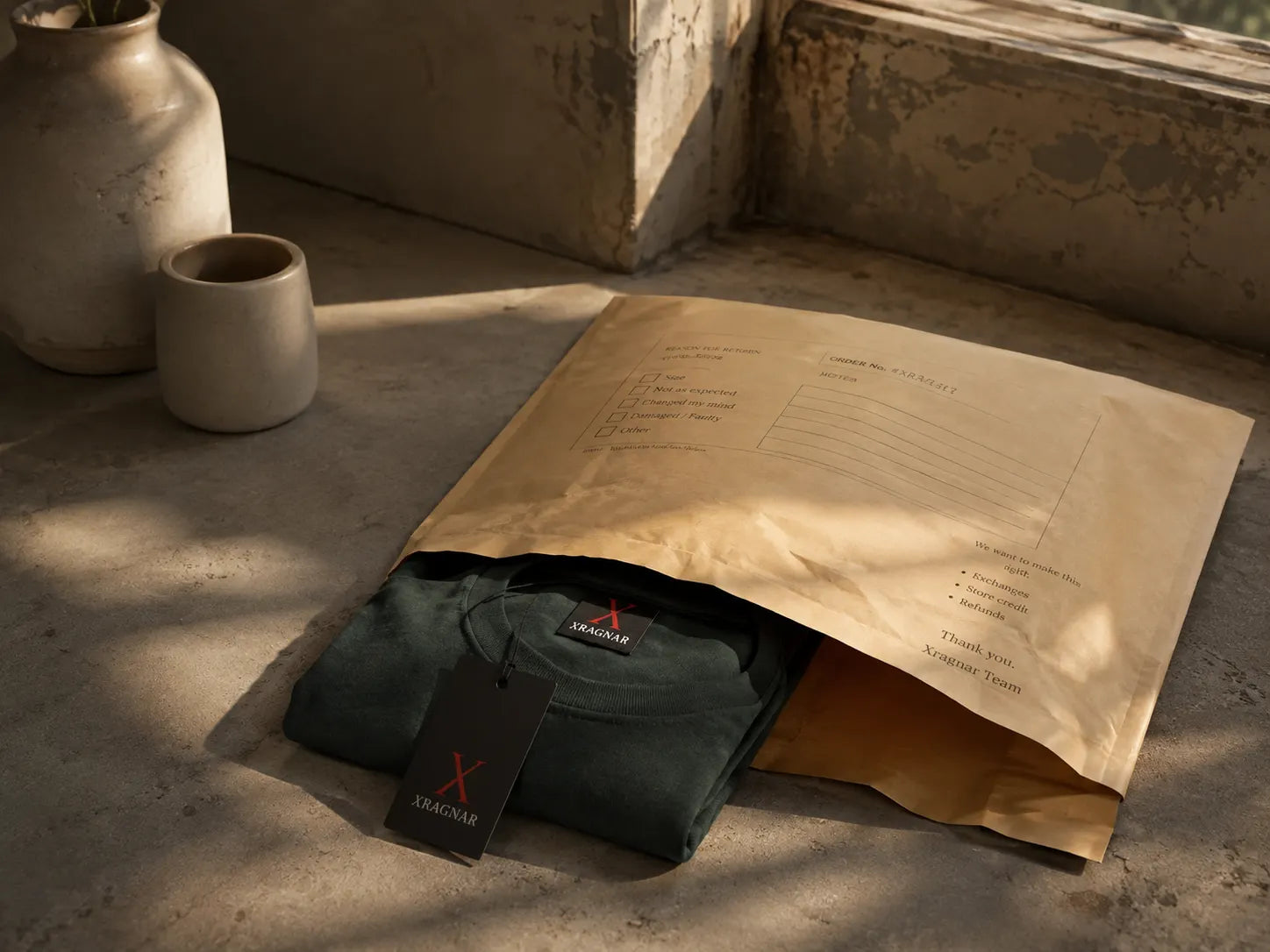 Returns bench with folded pieces and tags
