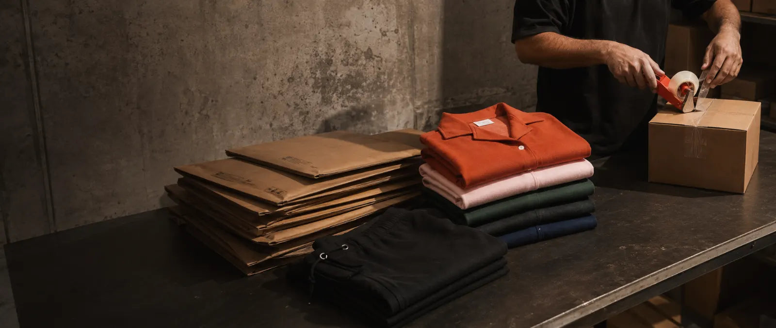 Packed orders and courier labels on the dispatch bench